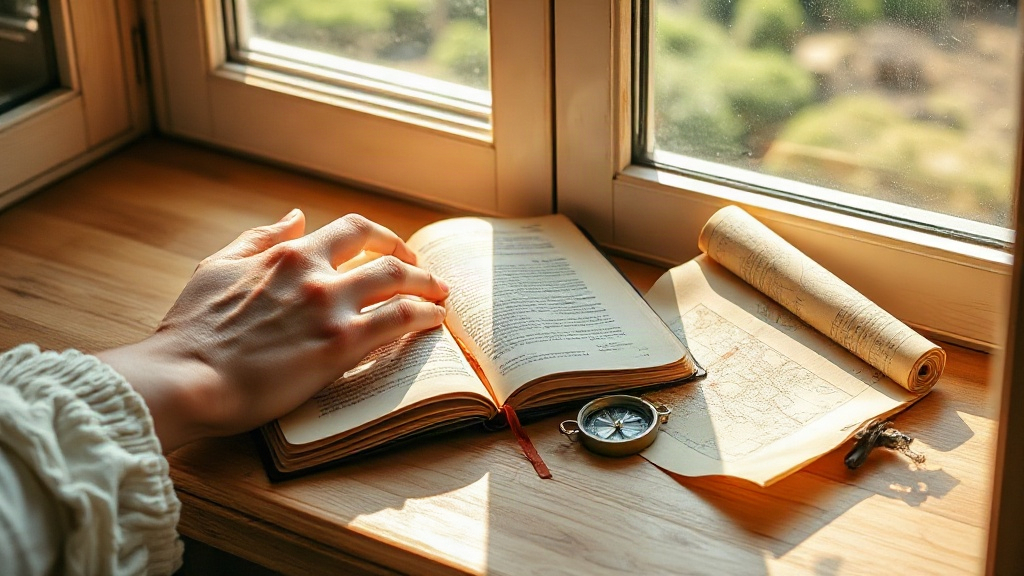 Hands resting on an open travel journal with a brass compass and folded map in morning light, evoking the 9th house cusp sign and birth chart planning