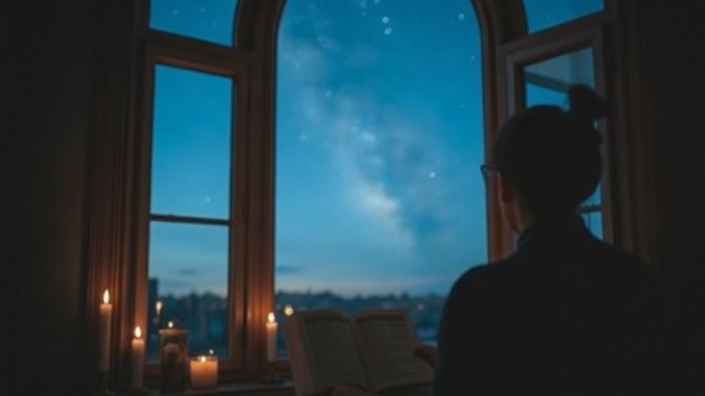 Person reading by an arched window beneath a starry night sky, showing how the 9th house in astrology shapes your search for meaning