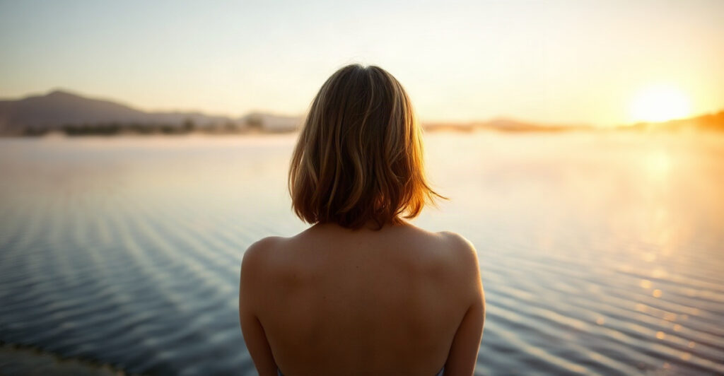 Woman standing by a misty lake at sunrise, quietly speaking an affirmation for manifestation