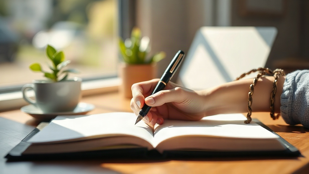 How to Write Manifestation Affirmations Hand writing manifestation affirmations in an open notebook on a sunlit desk