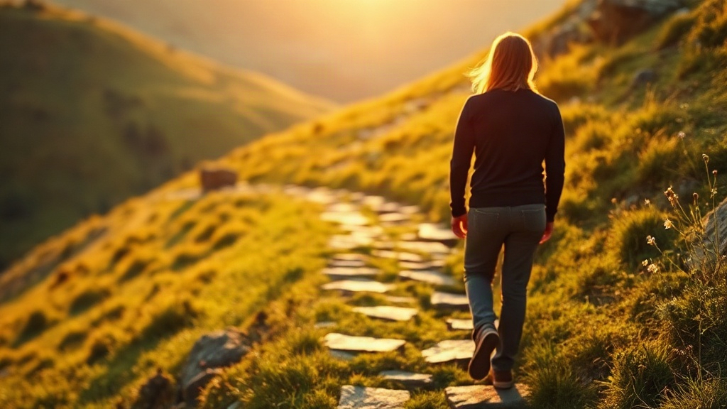 Affirmations for Manifesting Paired With Action Person walking up a sunlit hillside path, pairing affirmations for manifesting with daily action