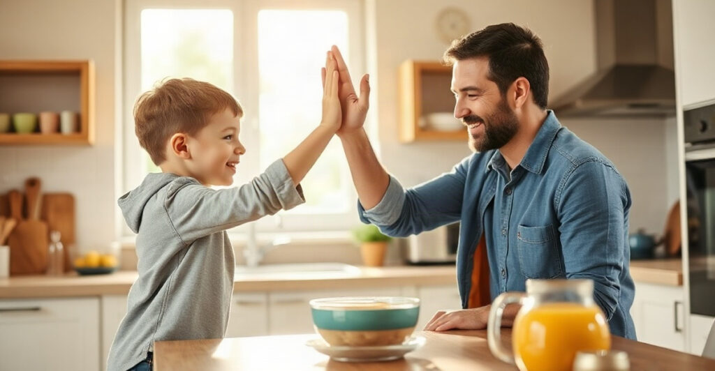 Parent and child doing a high five at sunny breakfast, daily affirmations for kids