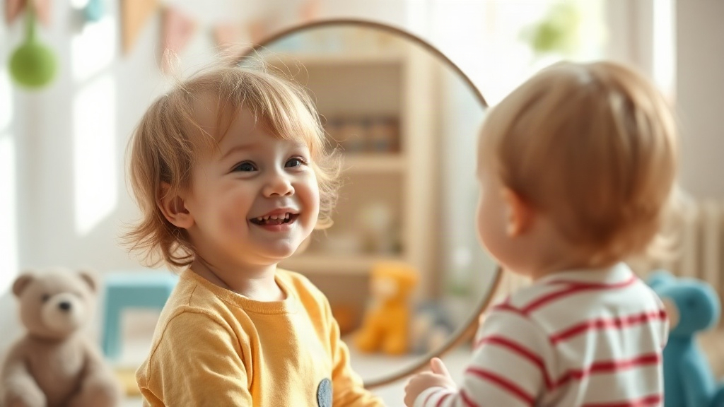 A small child smiling proudly at their reflection in a mirror, morning mirror affirmations