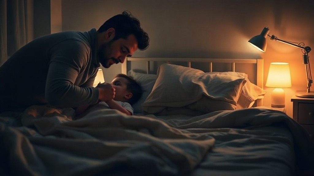 A parent tucking a child into bed by soft nightlight, bedtime affirmation ritual