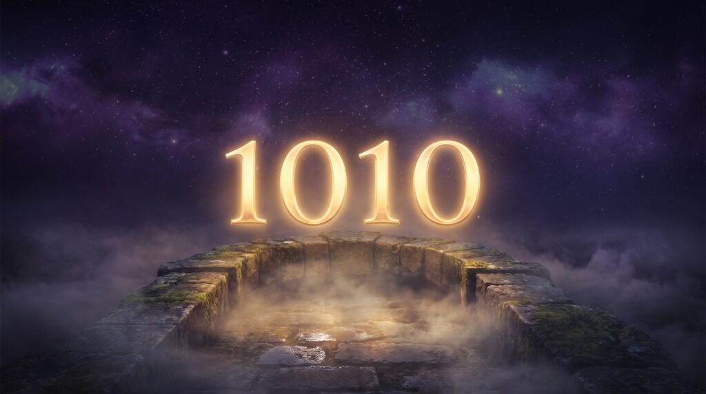 The glowing golden numerals 1010 floating above a misty stone doorway at night, the angel number 1010 meaning rendered as a mystical portal