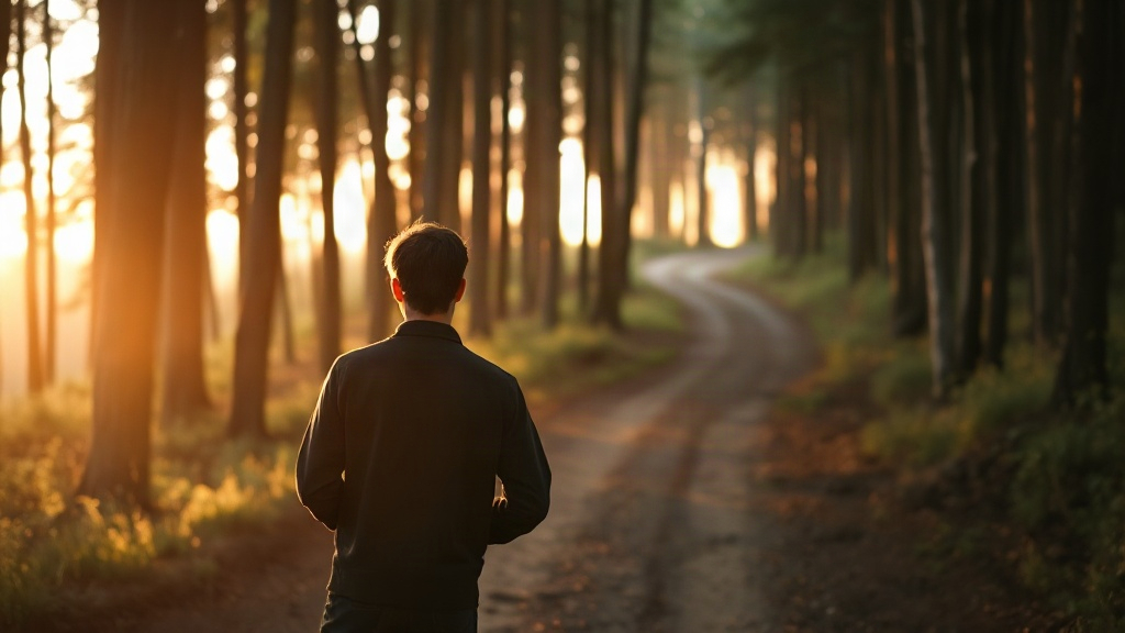 A figure at a forking forest path at golden hour, choosing a direction, reflecting the 1155 angel number meaning