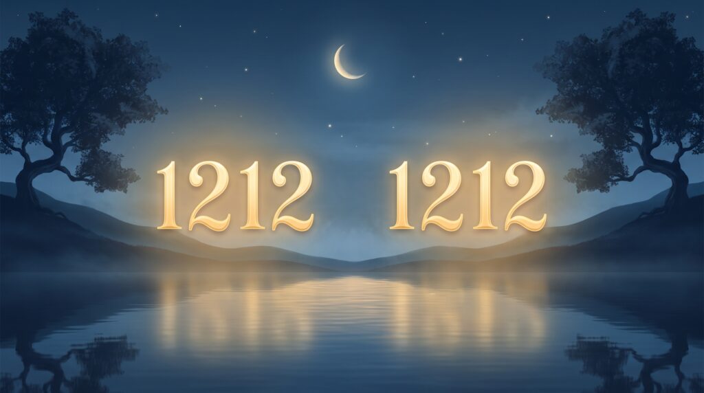 The glowing golden numerals 1212 mirrored above a moonlit lake, the angel number 1212 meaning rendered as a balanced mystical design