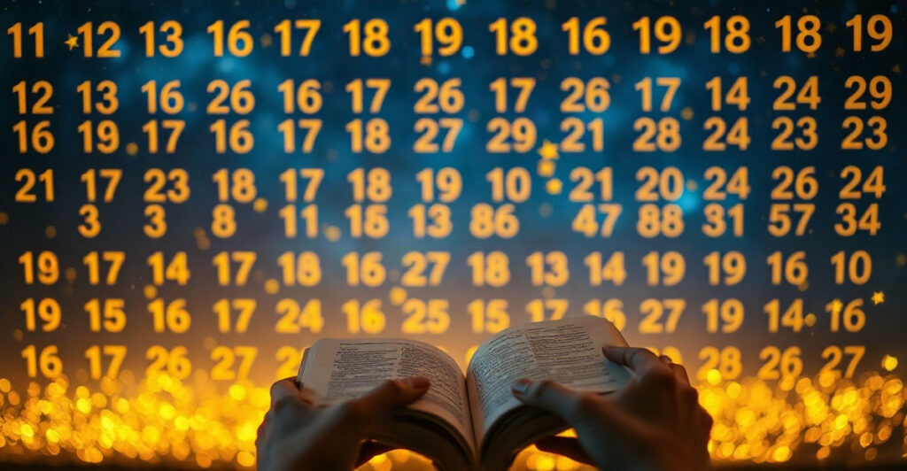 Hands holding an open journal under a starry night sky of glowing number patterns, illustrating the complete angel numbers list and meanings