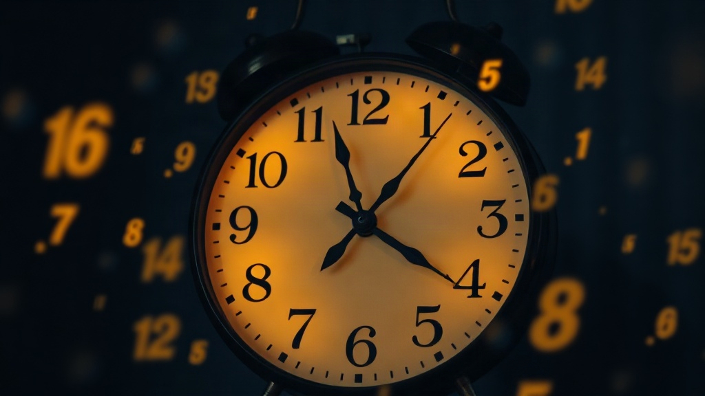 Repeating Number Sequences Golden glowing numerals floating around a vintage clock at night, the repeated sequences of the angel numbers list