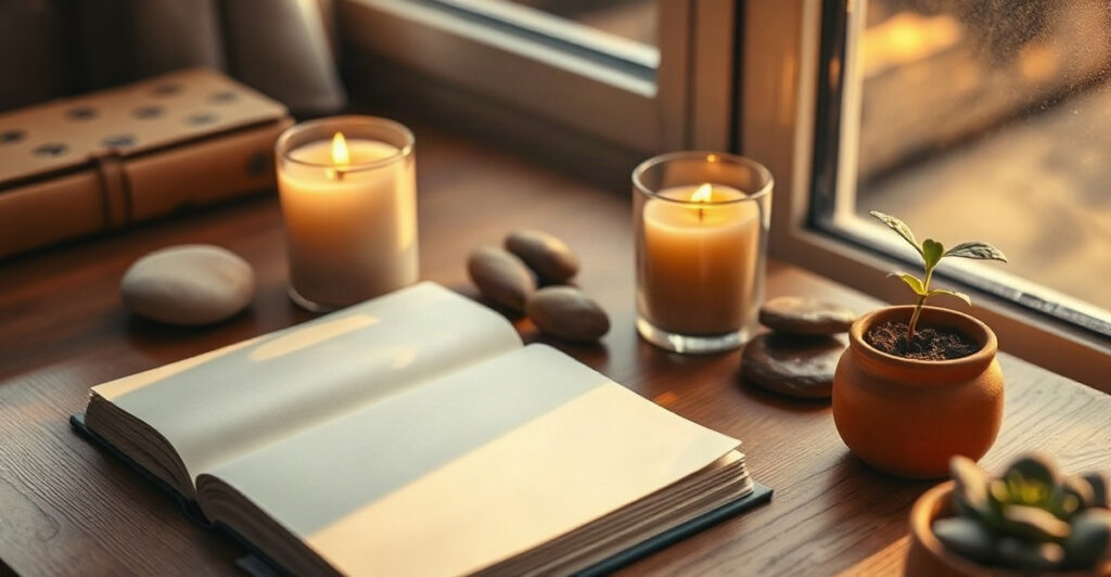 Open blank journal and lit candle in warm morning light, a calm scene for choosing another word for manifestation in your writing
