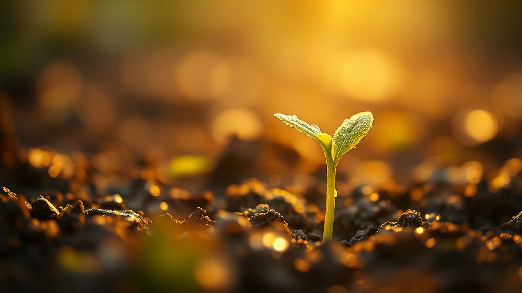 Green seedling breaking through dark soil in golden light, a symbol of manifestation as a thought takes physical form