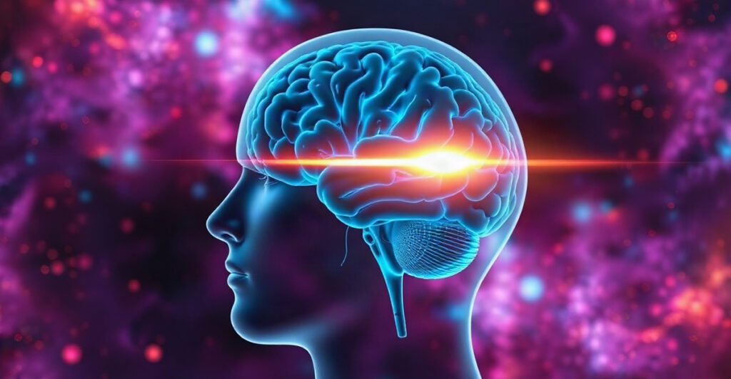 3D brain render with a glowing band in the middle of the brain showing the anterior midcingulate cortex, the willpower area that helps you manifest your goals