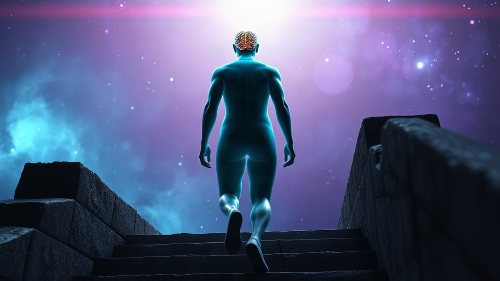Translucent figure climbing steep stairs with a glowing brain, showing how the anterior midcingulate cortex supports willpower when a task feels hard and you want to manifest a goal