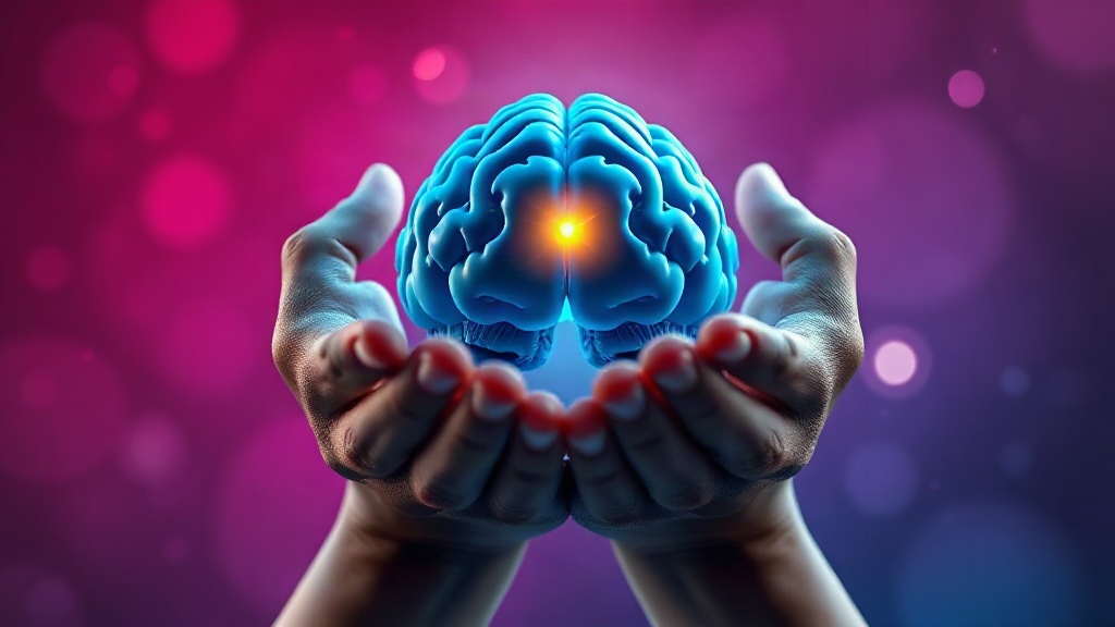 Hands holding a glowing brain with a bright center, representing how to train your anterior midcingulate cortex every day to manifest your dreams