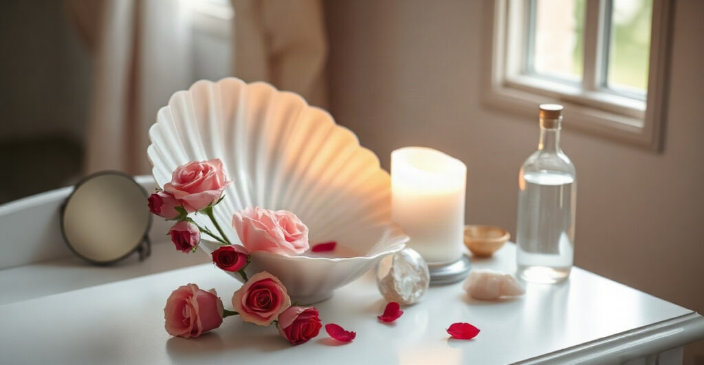 A beauty altar for Aphrodite with roses, a scallop shell of water, rose quartz, a mirror and a white candle