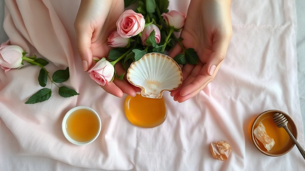 Hands arranging roses, a shell of water and honey while setting up an Aphrodite beauty altar