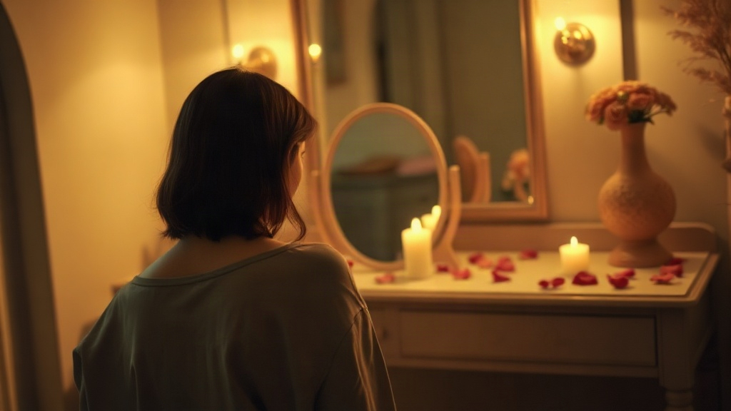 A person sitting at a candlelit altar doing a self-love ritual with Aphrodite and a mirror