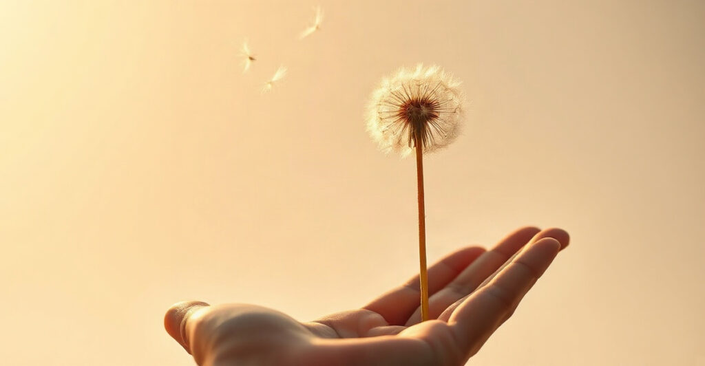 Dandelion seeds drifting from an open palm at golden hour, the art of detachment and letting go