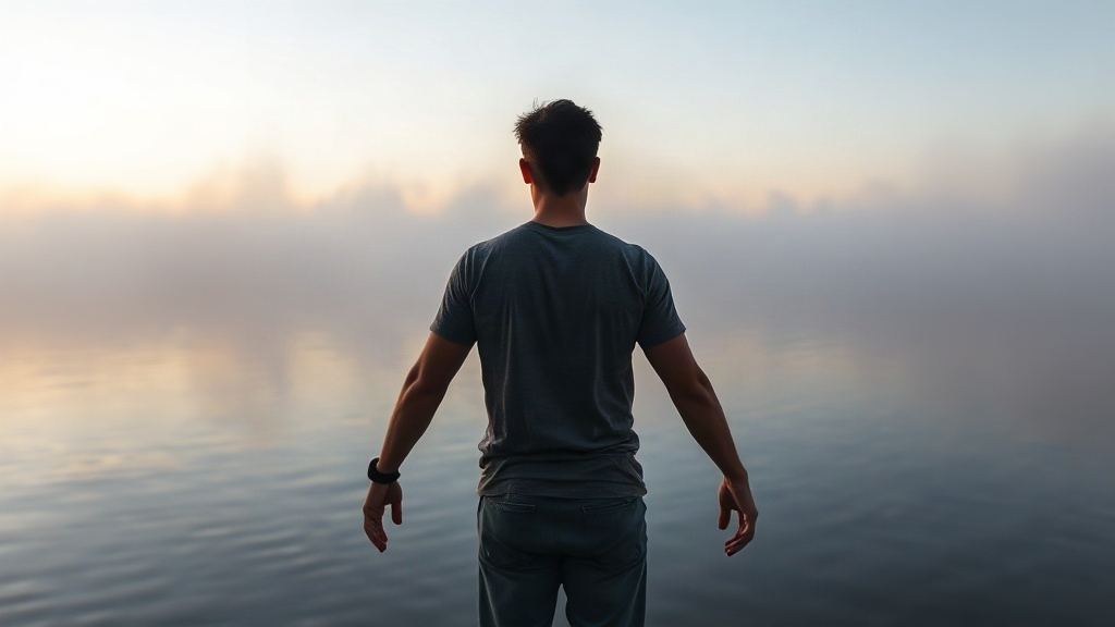 A person standing peacefully at a misty lakeside at dawn, practicing release of the outcome