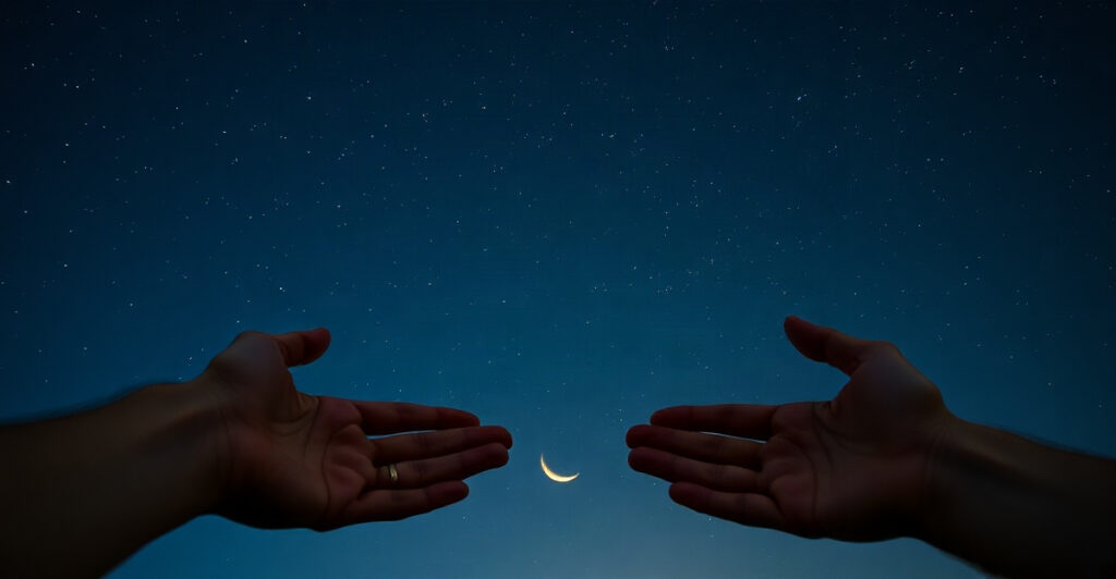 Two hands reaching toward each other under a starry night sky, illustrating an astrology compatibility calculator comparing two birth charts