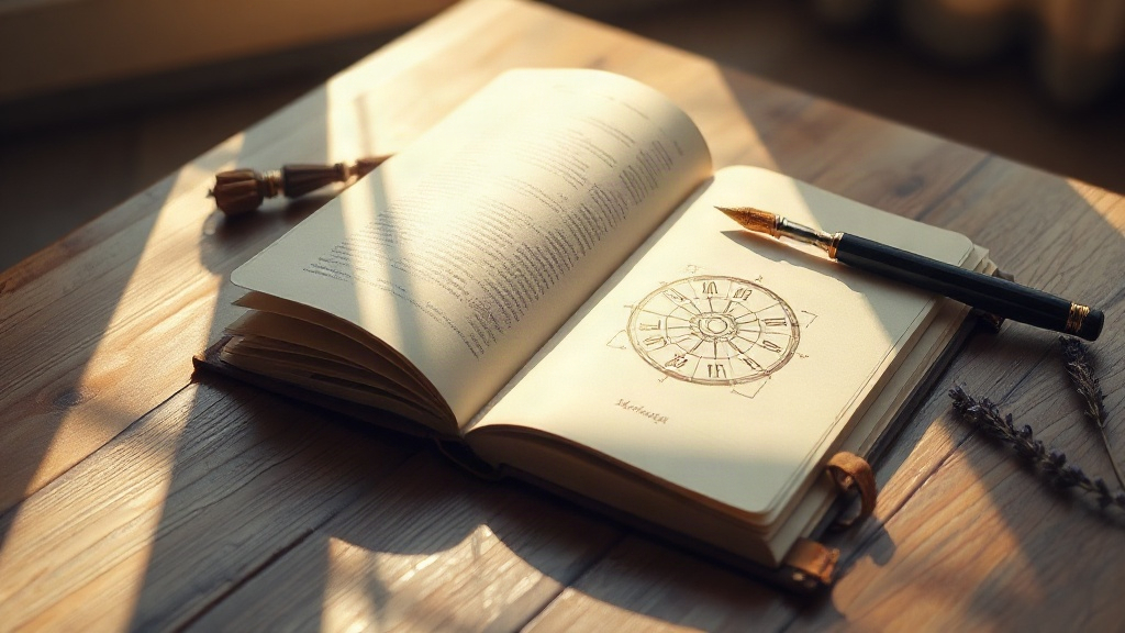 Open journal with a hand-drawn astrology compatibility chart wheel beside a fountain pen in morning light