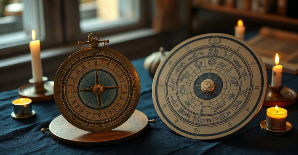 An antique astrolabe and zodiac wheel by candlelight, illustrating how astrology degrees measure a planet's exact position