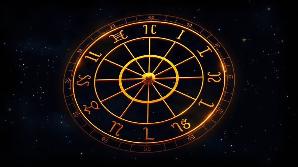 The 30 Degrees of the Zodiac A golden zodiac wheel divided into thirty segments in a starry sky, the 0 to 29 degrees of astrology
