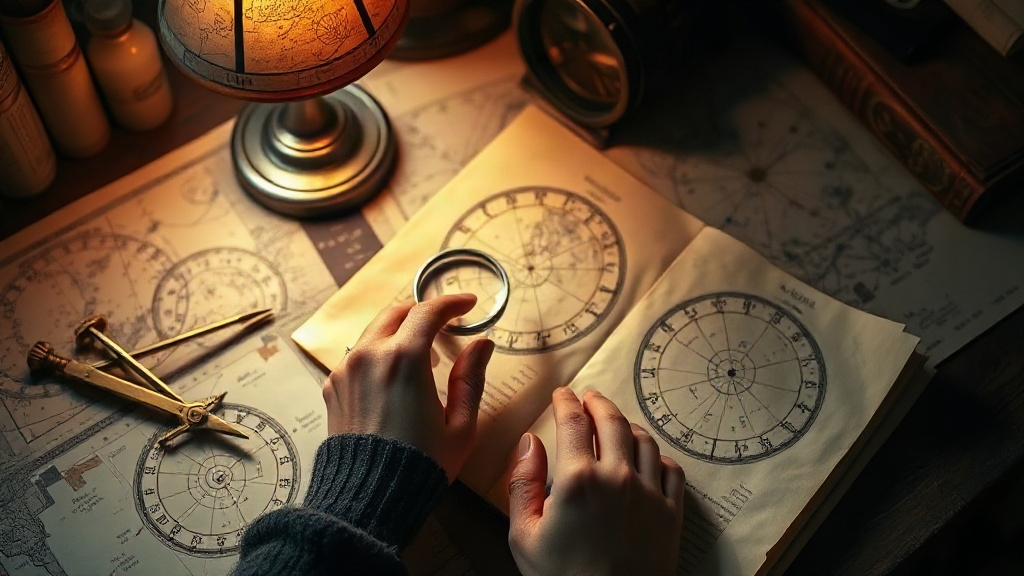 Reading Degrees in Your Birth Chart Hands studying a hand-drawn birth chart with a magnifying glass, finding the degrees of the planets