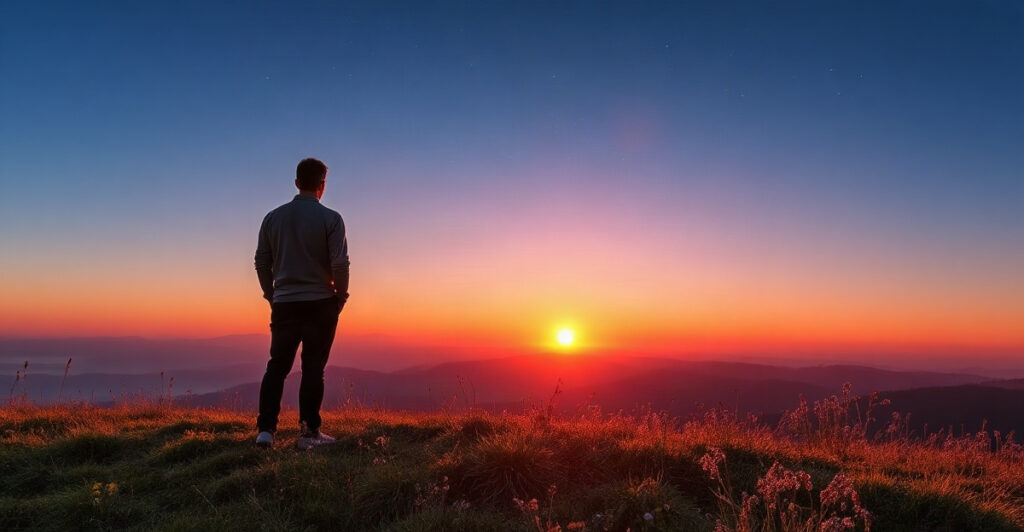 Person on a hilltop watching a fiery spring sunrise, capturing the bold first-decan Aries energy of the March 29 zodiac sign