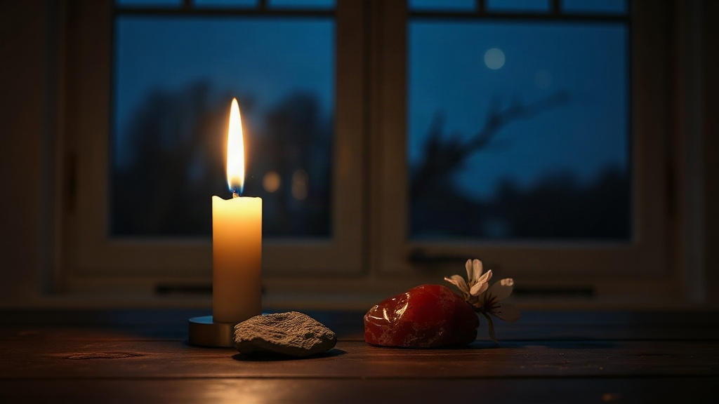 March 29th Astrology: Aries First Decan Steady candle flame beside a red jasper stone, symbolizing the Mars-ruled first decan of Aries in March 29 astrology