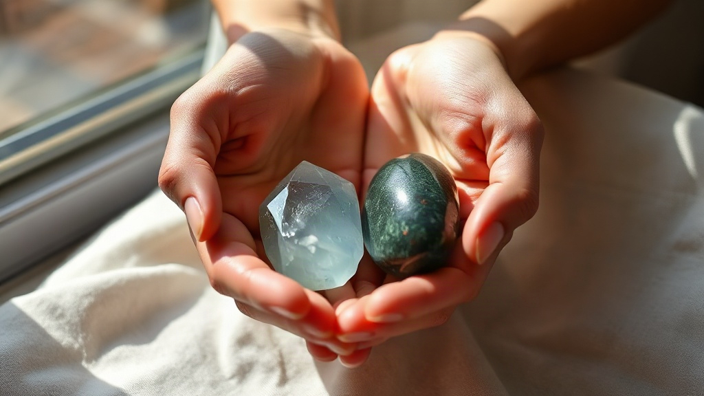 March 29 Zodiac Birthstones Hands holding an aquamarine crystal and a bloodstone, the two March birthstones for the March 29 zodiac sign