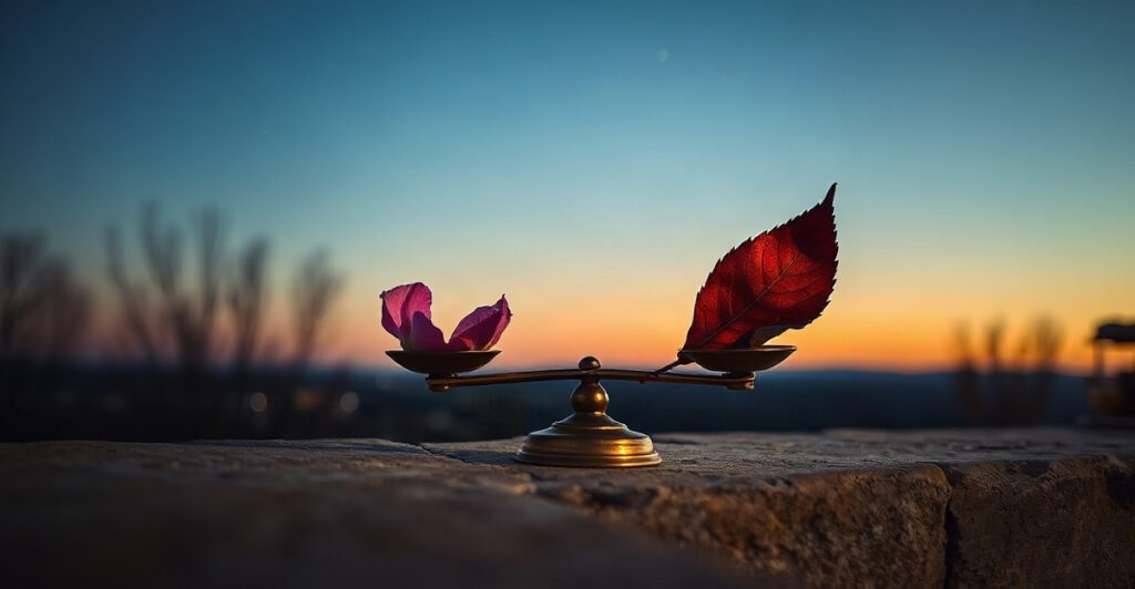 Brass balance scale at dusk holding a rose petal and an autumn leaf, symbolizing astrology for October 22 on the Libra-Scorpio cusp