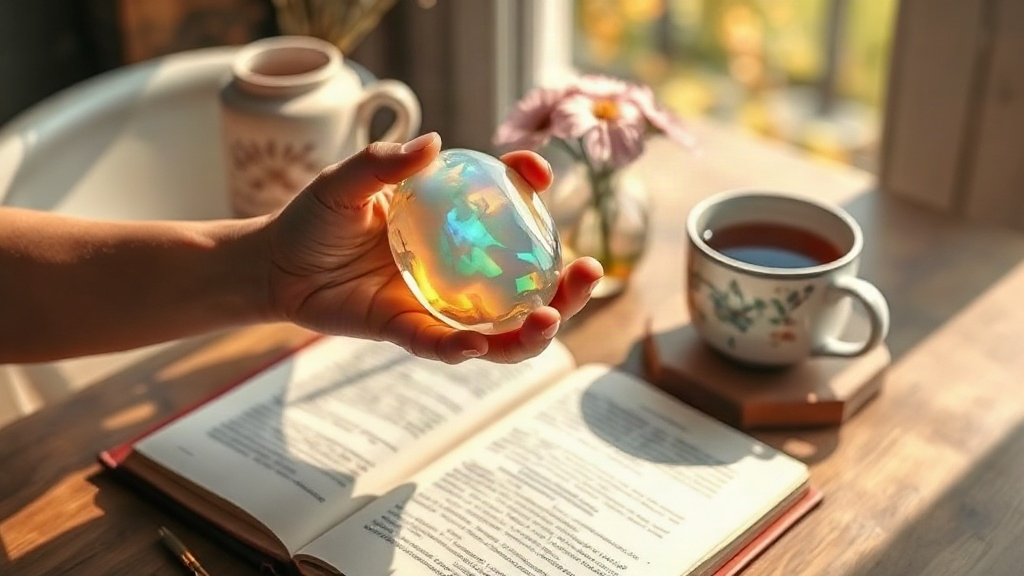 October 22 Zodiac Birthstone Hands holding a shimmering opal over an open journal, the October 22 zodiac birthstone for Libra