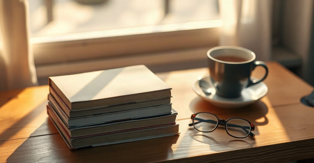 A stack of plain hardcover books with tea and glasses in morning light, for a guide to law of attraction books