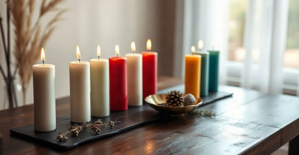 A row of colored candles on a wooden altar showing candle color meanings used to manifest fast