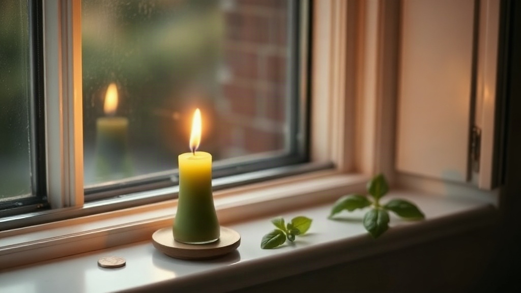 A lit green candle with a coin beside it, used in candle magic for money and prosperity