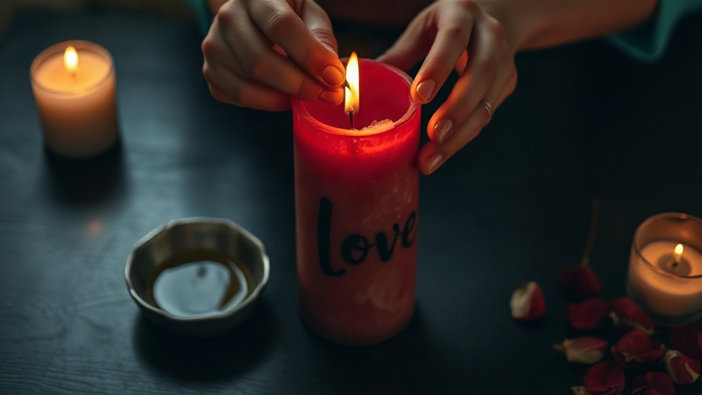 Hands dressing a red candle with oil and rose petals to speed up a love manifestation