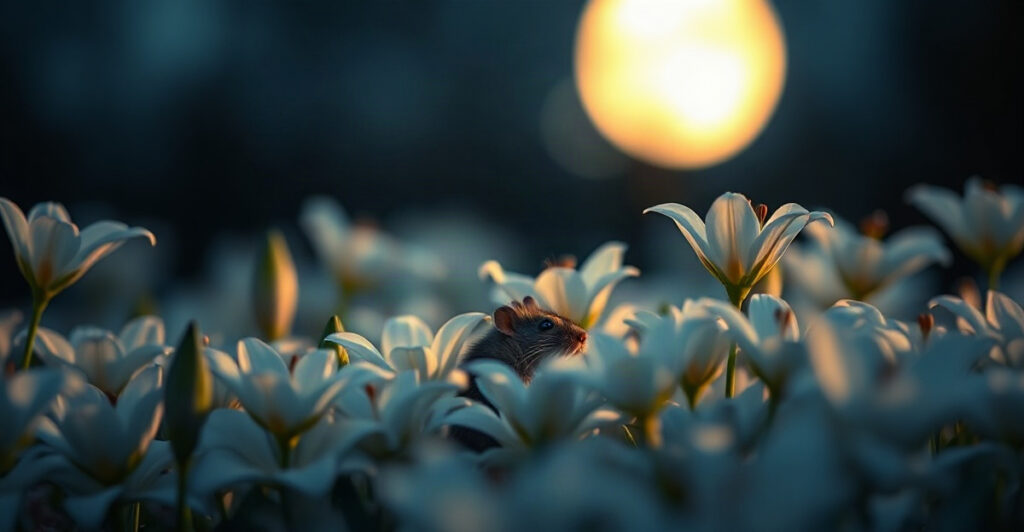 A gentle rat resting among white lilies in moonlight, symbol of the Metal Rat in Chinese astrology 2020