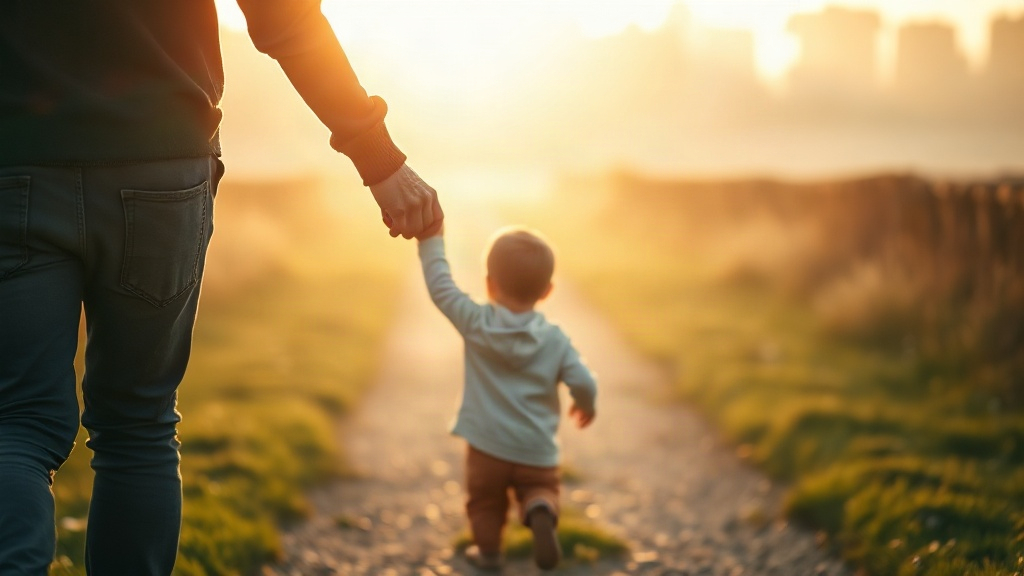 A parent and young child walking a misty dawn path together, a scene for parents of children born in the Chinese zodiac 2020 Metal Rat year