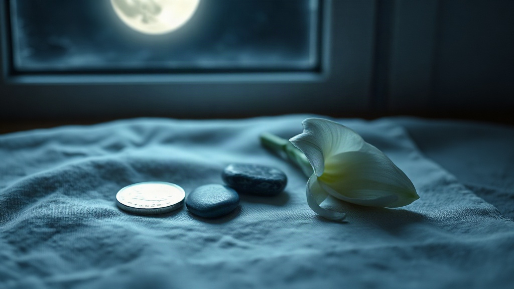 A silver coin, blue stone, and lily on linen by a moonlit window, evoking the lucky numbers and colors of the Metal Rat personality