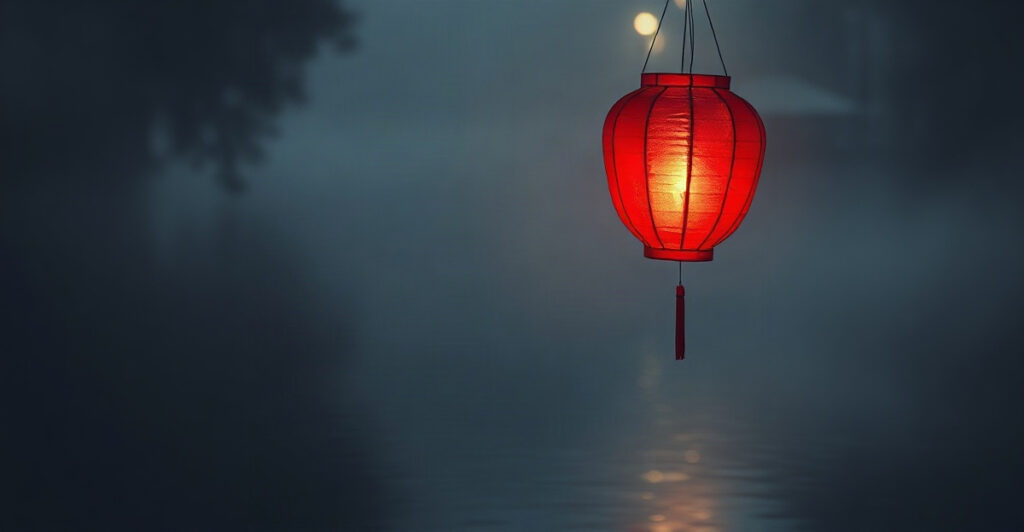 Glowing red lantern above a misty river at dusk, symbol of the 1996 Fire Rat year in the Chinese zodiac