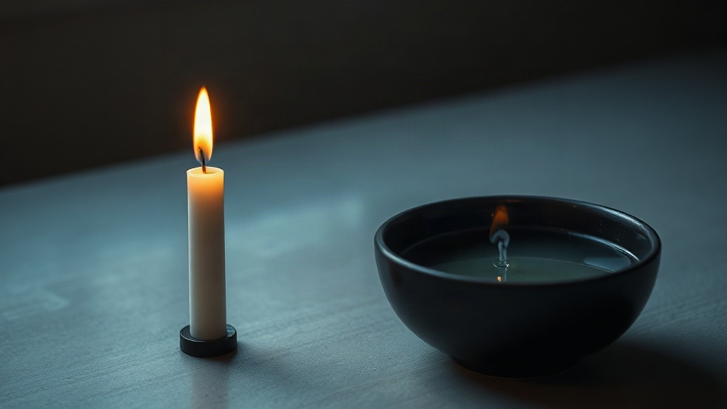 1996 Chinese Zodiac Element A candle flame resting beside still water, the Fire over Water pattern behind the 1996 Chinese zodiac element