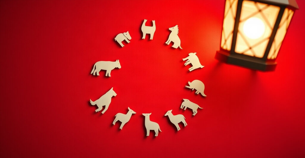 Twelve paper-cut animal shapes in a ring on warm red, representing the Chinese zodiac signs