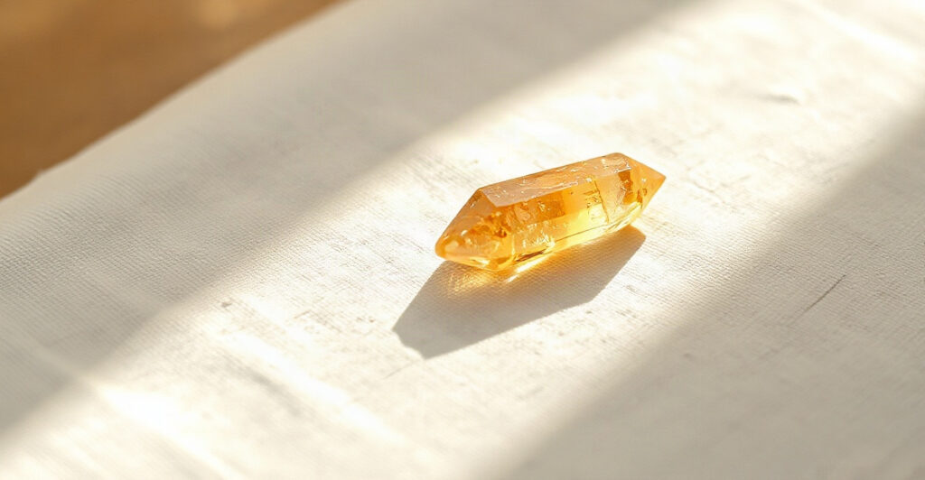 A golden citrine crystal point glowing in warm morning light on linen