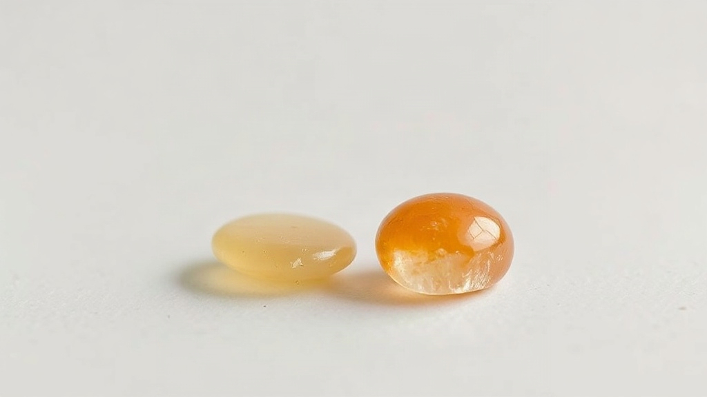 A pale natural citrine crystal beside a bright orange heat-treated citrine crystal, showing how to tell them apart