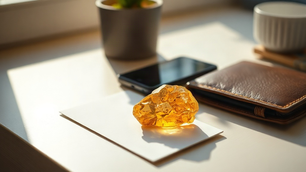 A citrine crystal placed on a card beside a wallet on a sunlit desk, used for an abundance intention