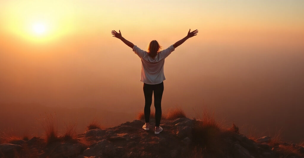 Standing tall on a hilltop at sunrise with open arms, confidence affirmations practice