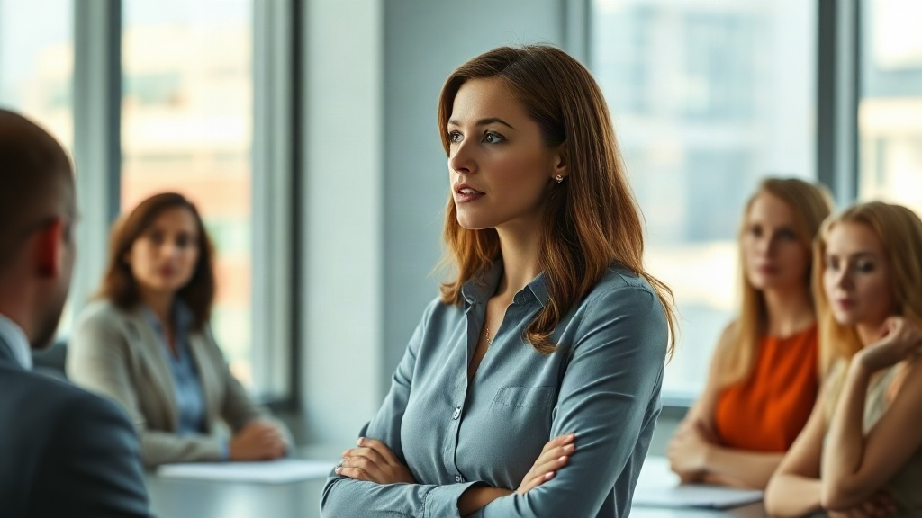 Speaking calmly in a bright meeting room, workplace confidence affirmations in action