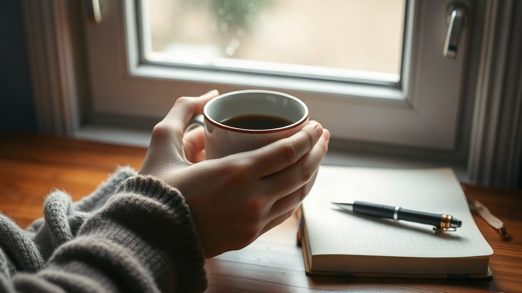 Hands around a warm mug by a rainy window, gentle affirmations for hard days