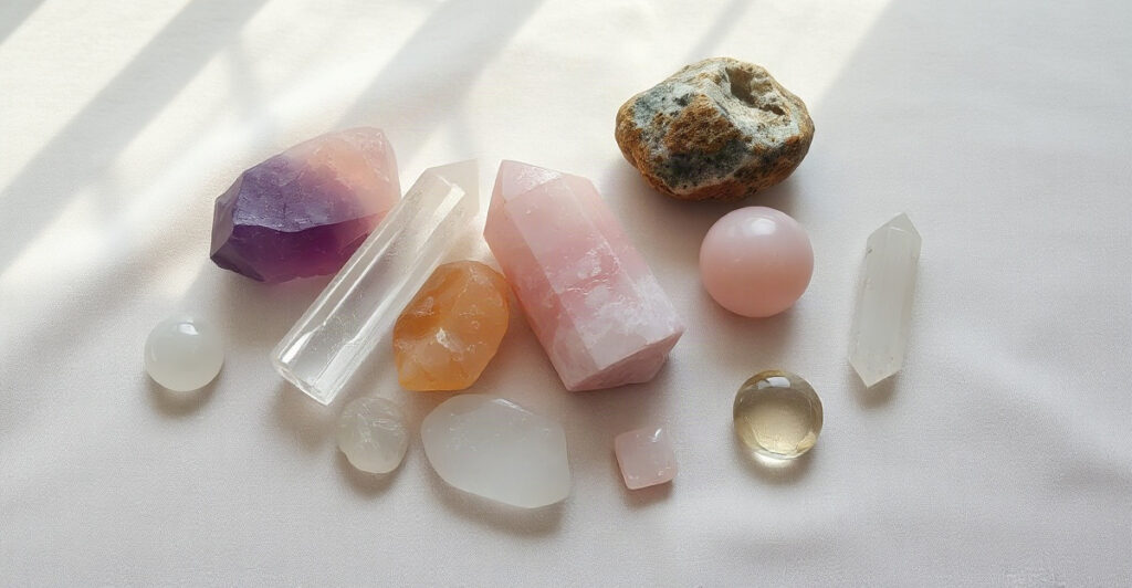 An arrangement of amethyst, rose quartz, clear quartz and citrine crystals on linen in soft light